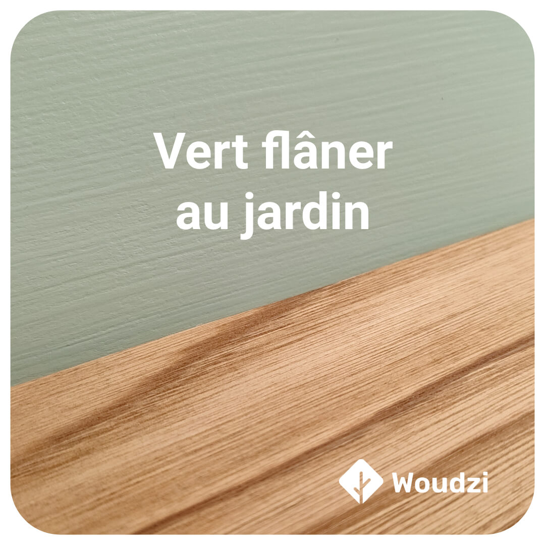 Échantillon de peuplier peint avec la peinture Algo Vert flâner au jardin, assorti avec du châtaignier huilé (Rubio)